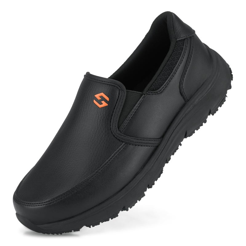 HISEA Non Slip Work Shoes for Men, Water & Oil Resistant Leather Slip on Kitchen Shoes, Comfortable Mens Slip Resistant Chef Shoes for Restaurant Food Service, Lightweight Walking Shoes, Black - Image 1