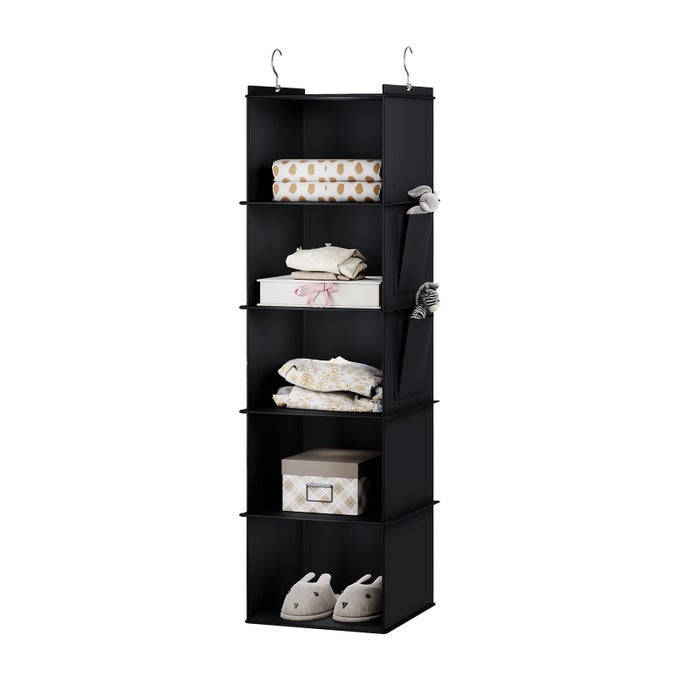 HANGING STORAGE 5 SHELVES CLOSET ORGANIZERS AND STORAGE FOLDABLE HANGING SHELVES WITH SIDE POCKETS WARDROBE STORAGE ORGANIZER FOR CLOTHES BLACK