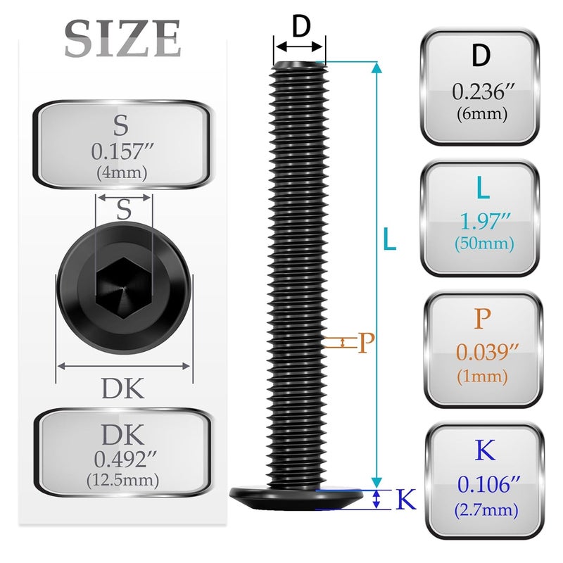 WYLWLS M6 x 50mm Bolt, 10 Pcs Per Set with 1 Hex Spanner, Flat Head Hex Socket Cap Bolts, Alloy Steel Black Oxide Full Thread, for Furniture, Shelves, Crib, Tables and Chairs Assembly (50 mm) - Image 2