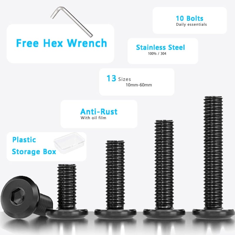 WYLWLS M6 x 50mm Bolt, 10 Pcs Per Set with 1 Hex Spanner, Flat Head Hex Socket Cap Bolts, Alloy Steel Black Oxide Full Thread, for Furniture, Shelves, Crib, Tables and Chairs Assembly (50 mm) - Image 3