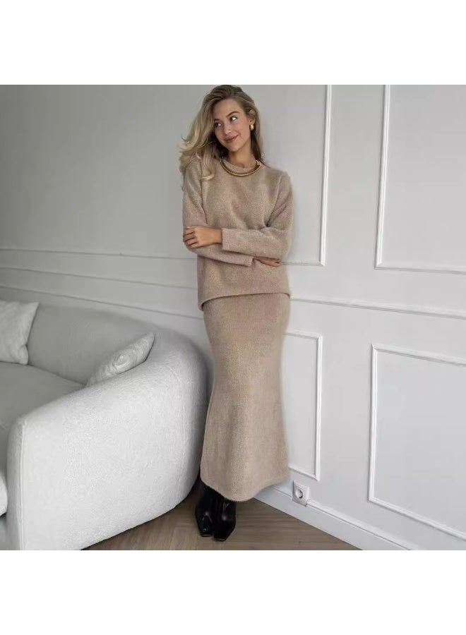 NIBEMINENT O-neck Loose Mohair Sweater Long Skirt Set Full Sleeve Solid COlor Pullover Mermaid Skirt Suits Fashion Street Outfits - Image 1