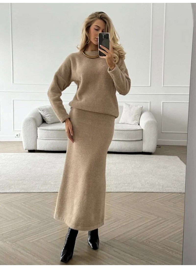 NIBEMINENT O-neck Loose Mohair Sweater Long Skirt Set Full Sleeve Solid COlor Pullover Mermaid Skirt Suits Fashion Street Outfits - Image 2
