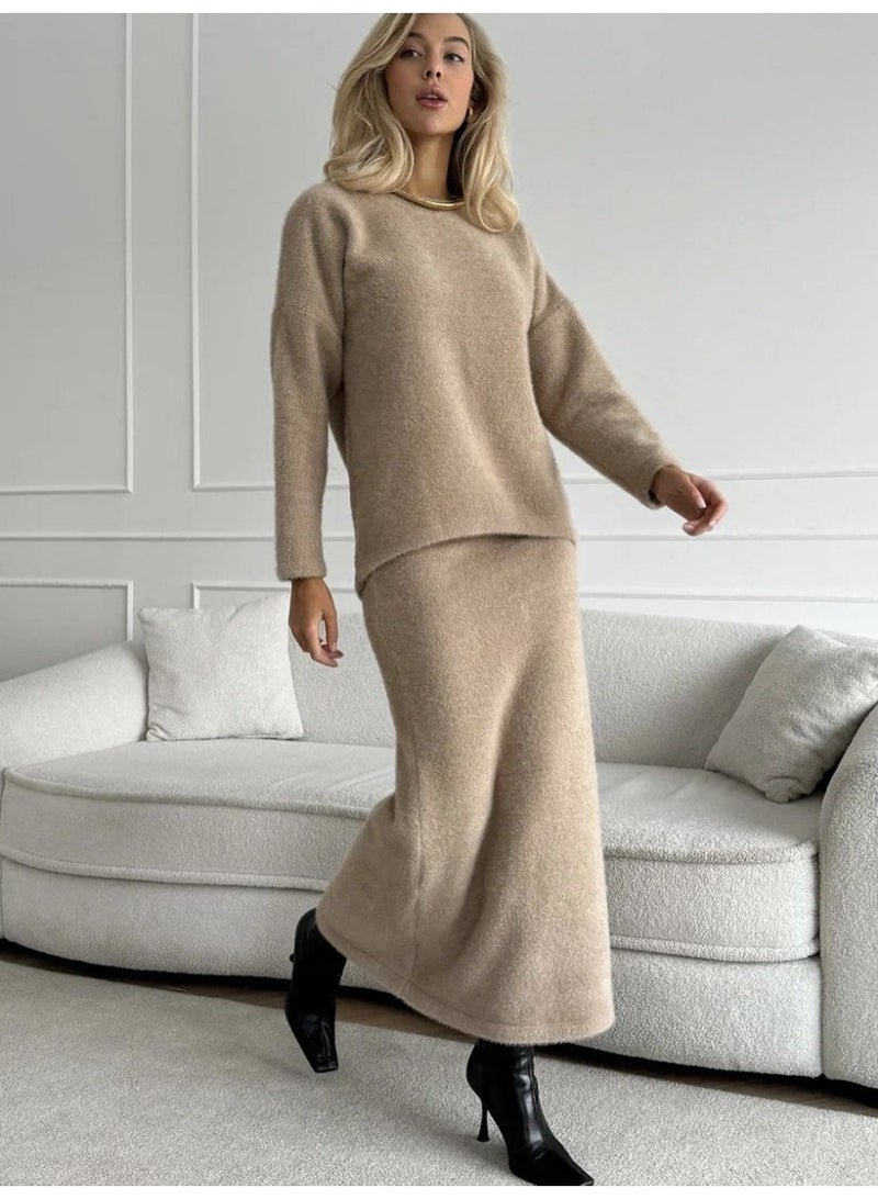 NIBEMINENT O-neck Loose Mohair Sweater Long Skirt Set Full Sleeve Solid COlor Pullover Mermaid Skirt Suits Fashion Street Outfits - Image 3