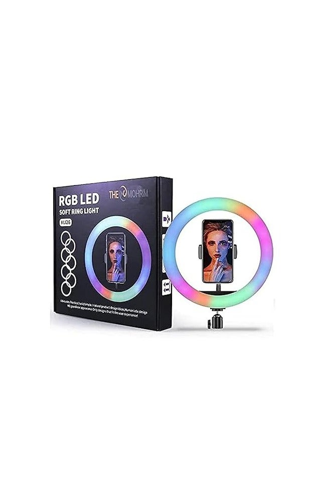 حلقة اضاءة LED RGB بقطر 26 سم، سطوع قابل للتعديل، تحكم في درجة حرارة اللون، حامل موبايل للتصوير الفوتوغرافي والبث - Image 1