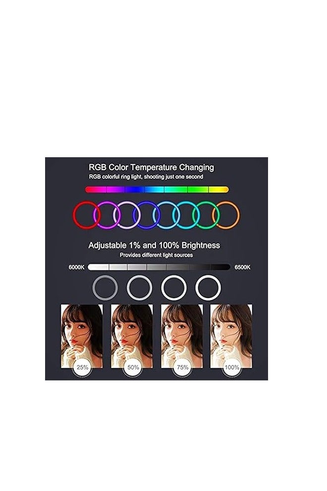 حلقة اضاءة LED RGB بقطر 26 سم، سطوع قابل للتعديل، تحكم في درجة حرارة اللون، حامل موبايل للتصوير الفوتوغرافي والبث - Image 2