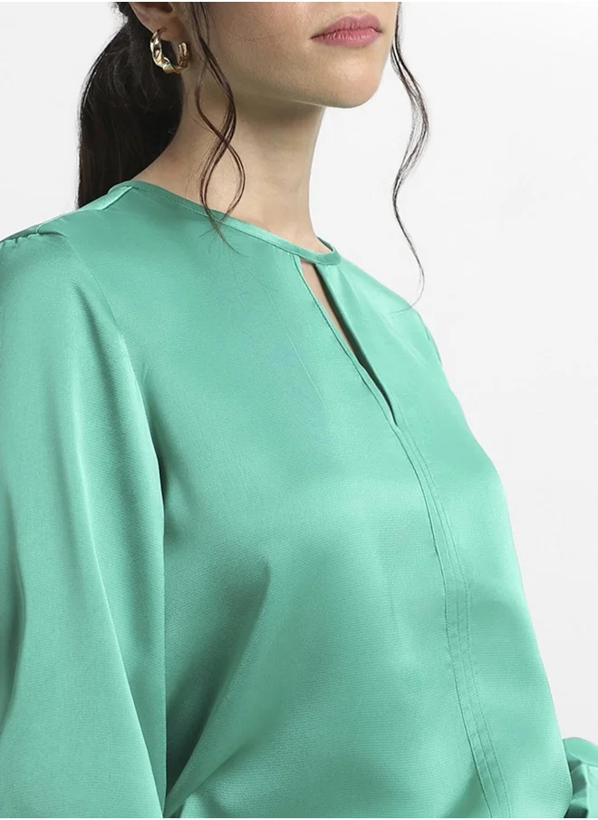 دينيس لينغو Green Satin Crepe Top for Women, Regular Fit