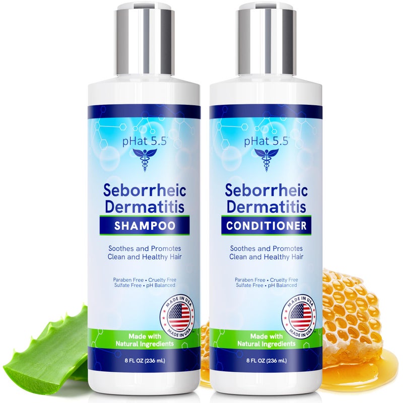 pHat 5.5 Sulfate Free Shampoo and Conditioner Set for Seborrheic Dermatitis Relief - Severe Dry & Itchy Scalp Treatment with Manuka Honey, Aloe Vera & Coconut Oil - Safe for Color Treated Hair (8 oz) - Image 1