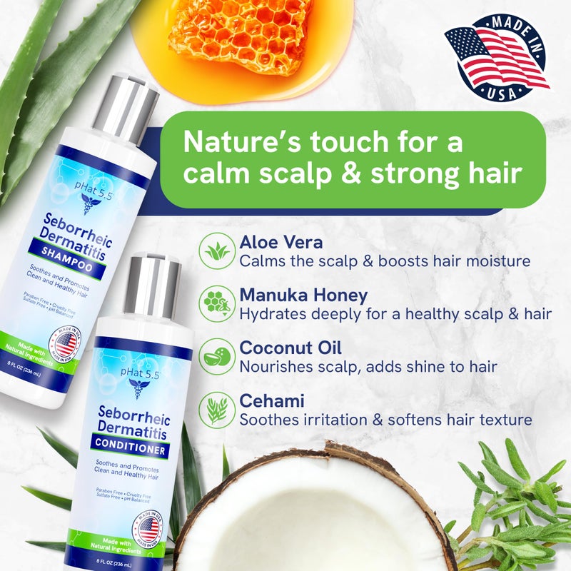pHat 5.5 Sulfate Free Shampoo and Conditioner Set for Seborrheic Dermatitis Relief - Severe Dry & Itchy Scalp Treatment with Manuka Honey, Aloe Vera & Coconut Oil - Safe for Color Treated Hair (8 oz) - Image 3