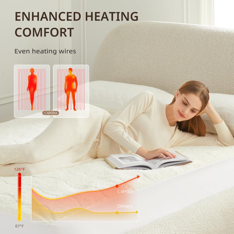 Caperia Heated Mattress Pad Queen, Electric Mattress Pad with 9 Heat Settings, Memory Function, Fast Heating, 1-12 Hours Auto Off, Deep Pocket, Machine Washable, 60"x 80", White - Image 5