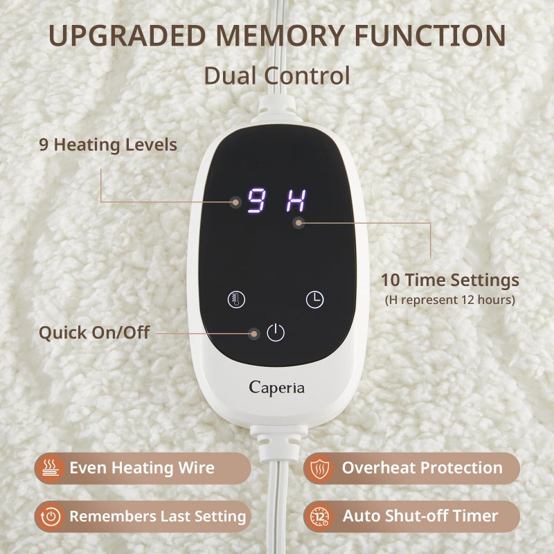 Caperia Heated Mattress Pad Queen, Electric Mattress Pad with 9 Heat Settings, Memory Function, Fast Heating, 1-12 Hours Auto Off, Deep Pocket, Machine Washable, 60"x 80", White - Image 3
