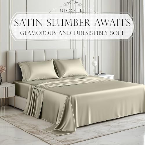 DECOLURE Satin Bed Sheets - 4 Piece Luxury Silky King Size Bedding Set - Softer Than Silk, Wrinkle-Free with 15” Deep Pocket Fitted Sheet, Perfect for Hair & Skin, Gifts for Women (Taupe) - Image 2