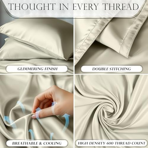 DECOLURE Satin Bed Sheets - 4 Piece Luxury Silky King Size Bedding Set - Softer Than Silk, Wrinkle-Free with 15” Deep Pocket Fitted Sheet, Perfect for Hair & Skin, Gifts for Women (Taupe) - Image 3