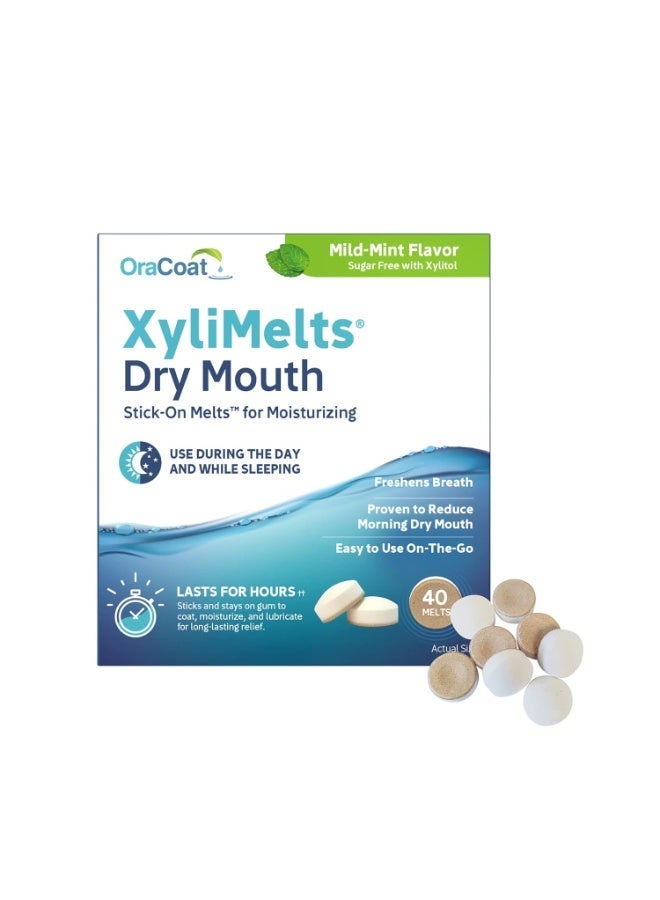 XyliMelts for Dry Mouth Night Time or Day - Moisturizing Dry Mouth Adhering Discs, Sugar Free with Xylitol, 40 Count, Mild-Mint Flavor, 8-Hour Relief(Packaging may vary)