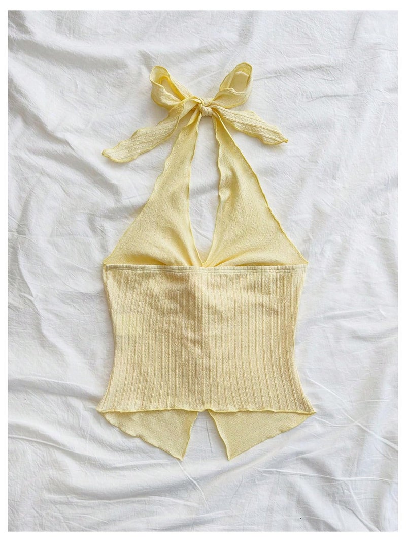 MakeMeChic Women's Backless Halter Tank Top Twist Sexy Cute Summer Going Out Tops Yellow Medium - Image 4