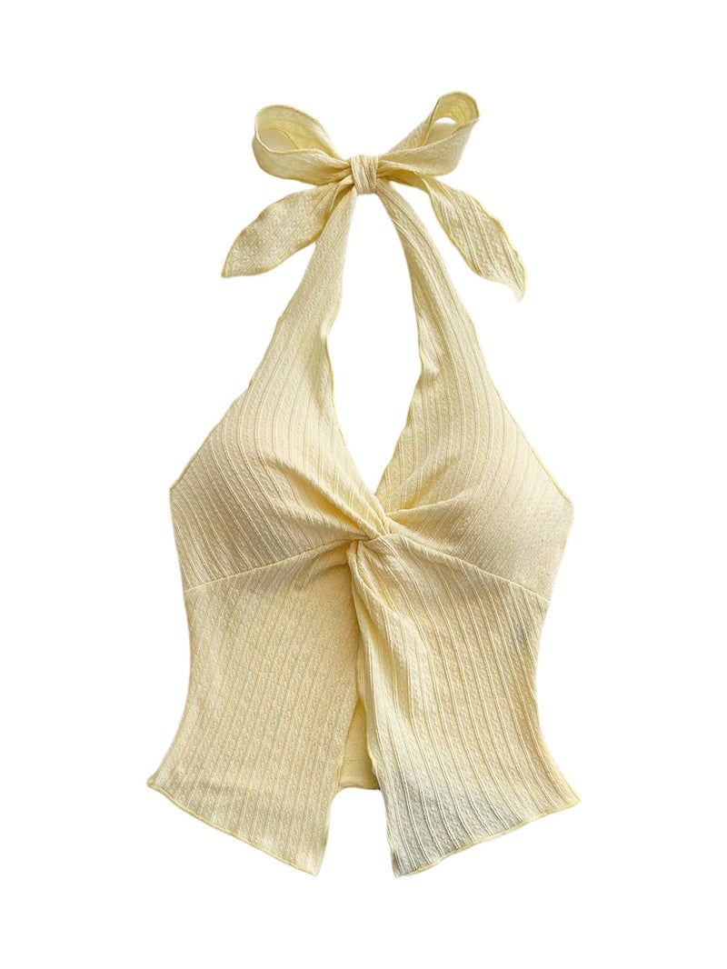 MakeMeChic Women's Backless Halter Tank Top Twist Sexy Cute Summer Going Out Tops Yellow Medium - Image 1