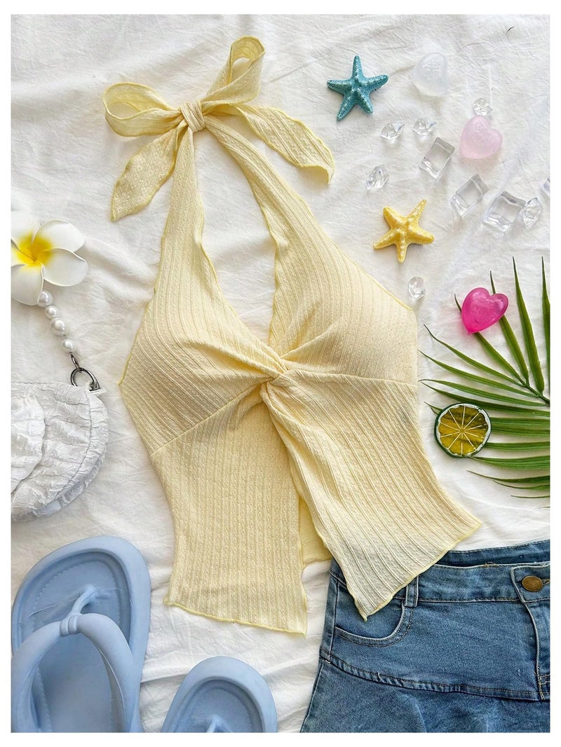 MakeMeChic Women's Backless Halter Tank Top Twist Sexy Cute Summer Going Out Tops Yellow Medium - Image 3