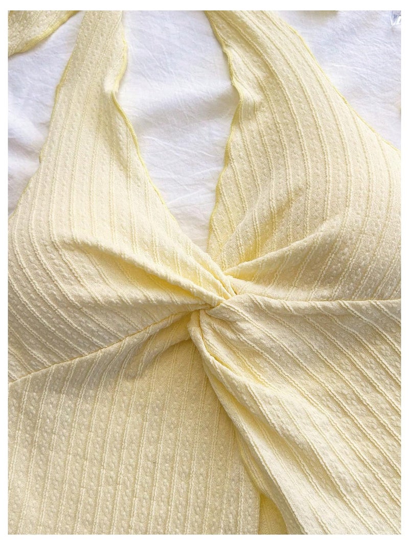 MakeMeChic Women's Backless Halter Tank Top Twist Sexy Cute Summer Going Out Tops Yellow Medium - Image 2