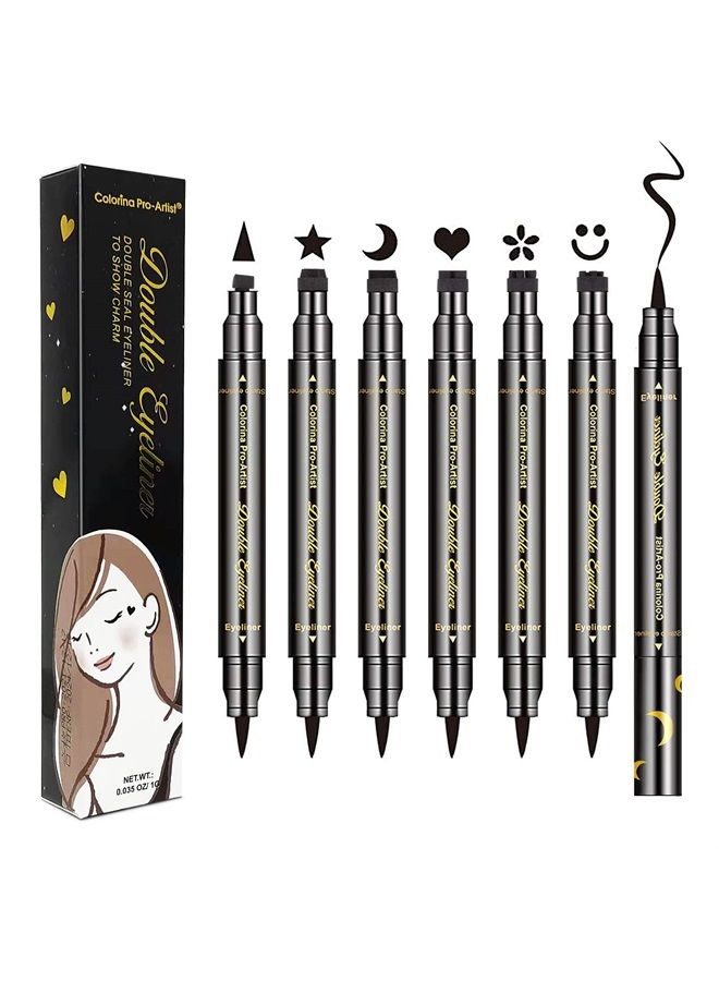 LOKFAR 6 Pcs Double-headed Liquid Eyeliner Stamp Pen Set, Eye Liners for Women Waterproof Eyeliner Pencil Black Eye-liner Stencils Long-Lasting Tattoo Makeup-Triangle, Star, Moon, Heart, Flower, Smile - Image 1