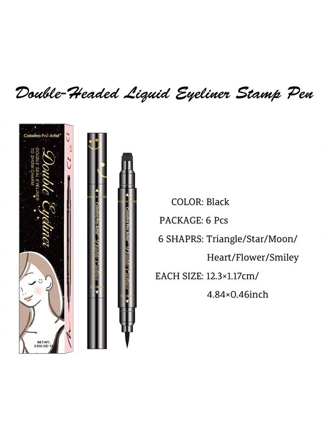 LOKFAR 6 Pcs Double-headed Liquid Eyeliner Stamp Pen Set, Eye Liners for Women Waterproof Eyeliner Pencil Black Eye-liner Stencils Long-Lasting Tattoo Makeup-Triangle, Star, Moon, Heart, Flower, Smile - Image 2