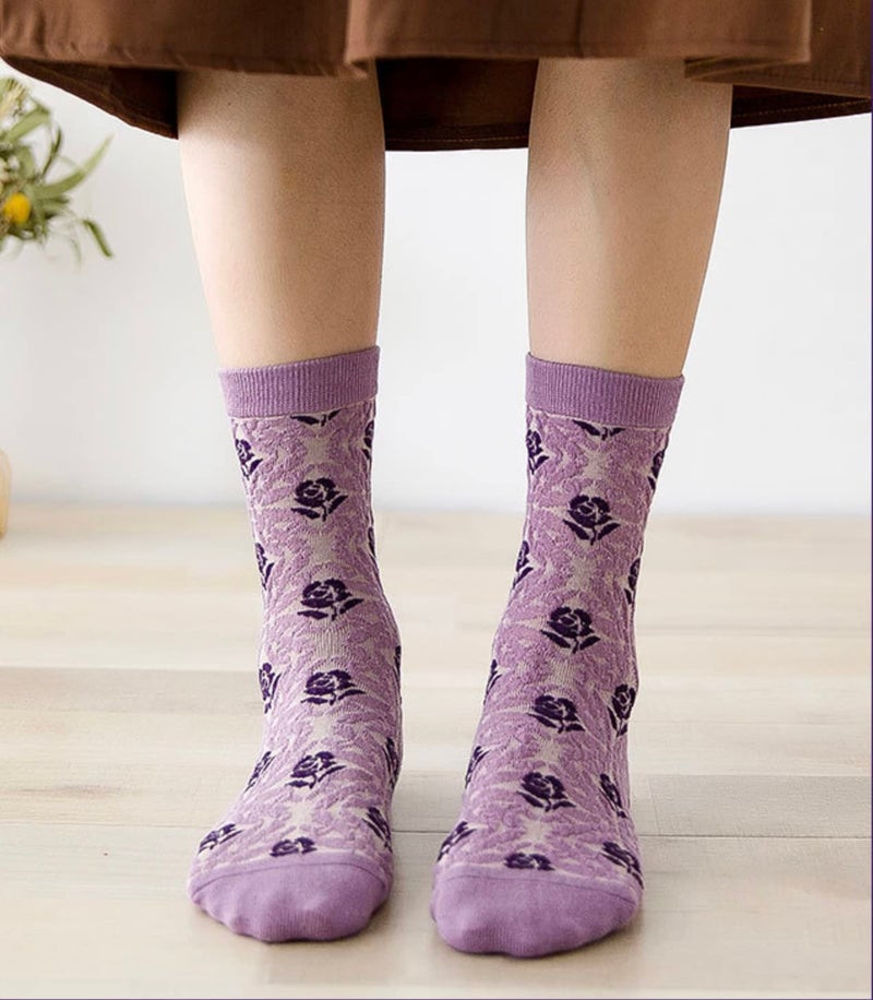 MarJunSep Cute Floral Crew Socks for Women Teen Girls Flower Cottagecore Frilly Vintage Fancy Cotton Socks Purple Flower Socks - Image 2