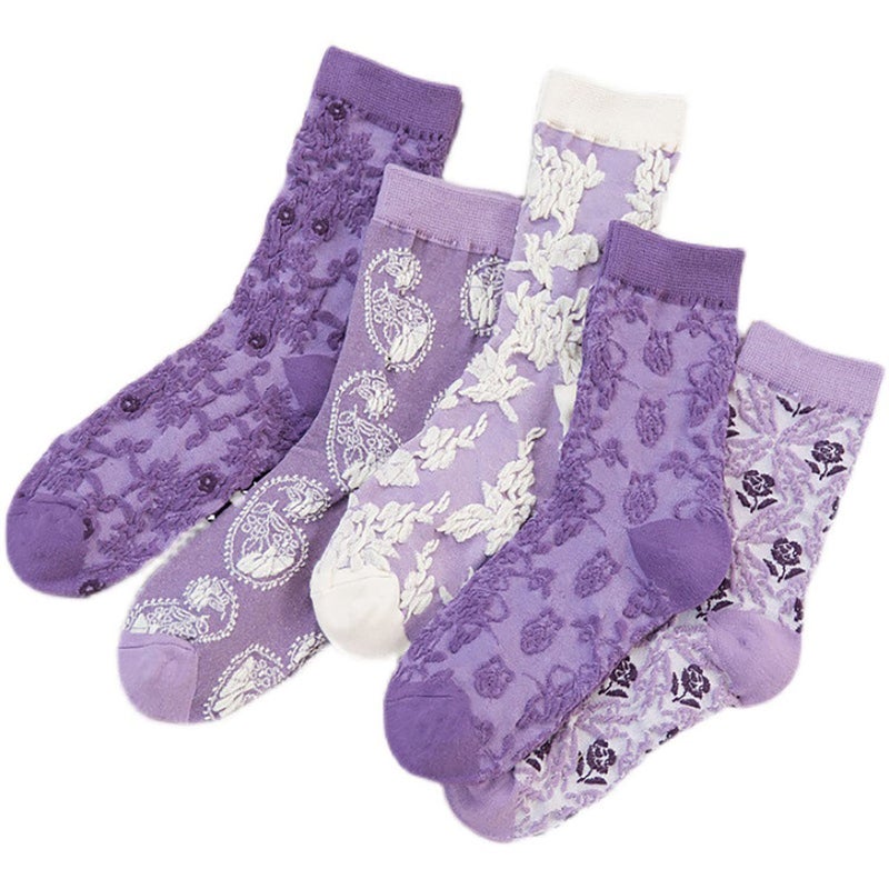 MarJunSep Cute Floral Crew Socks for Women Teen Girls Flower Cottagecore Frilly Vintage Fancy Cotton Socks Purple Flower Socks - Image 1