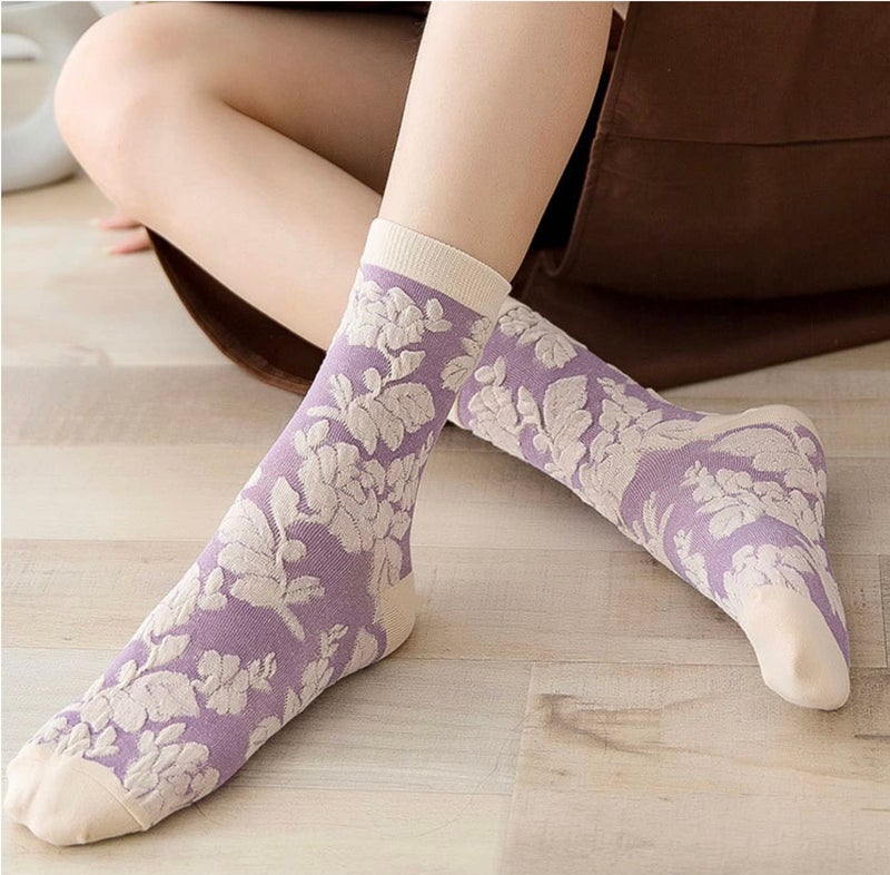 MarJunSep Cute Floral Crew Socks for Women Teen Girls Flower Cottagecore Frilly Vintage Fancy Cotton Socks Purple Flower Socks - Image 5
