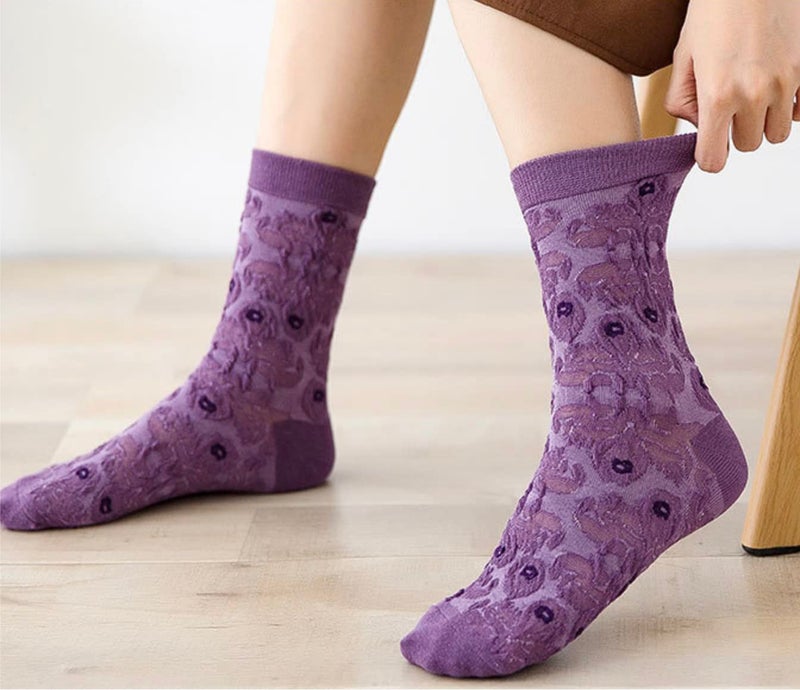 MarJunSep Cute Floral Crew Socks for Women Teen Girls Flower Cottagecore Frilly Vintage Fancy Cotton Socks Purple Flower Socks - Image 4