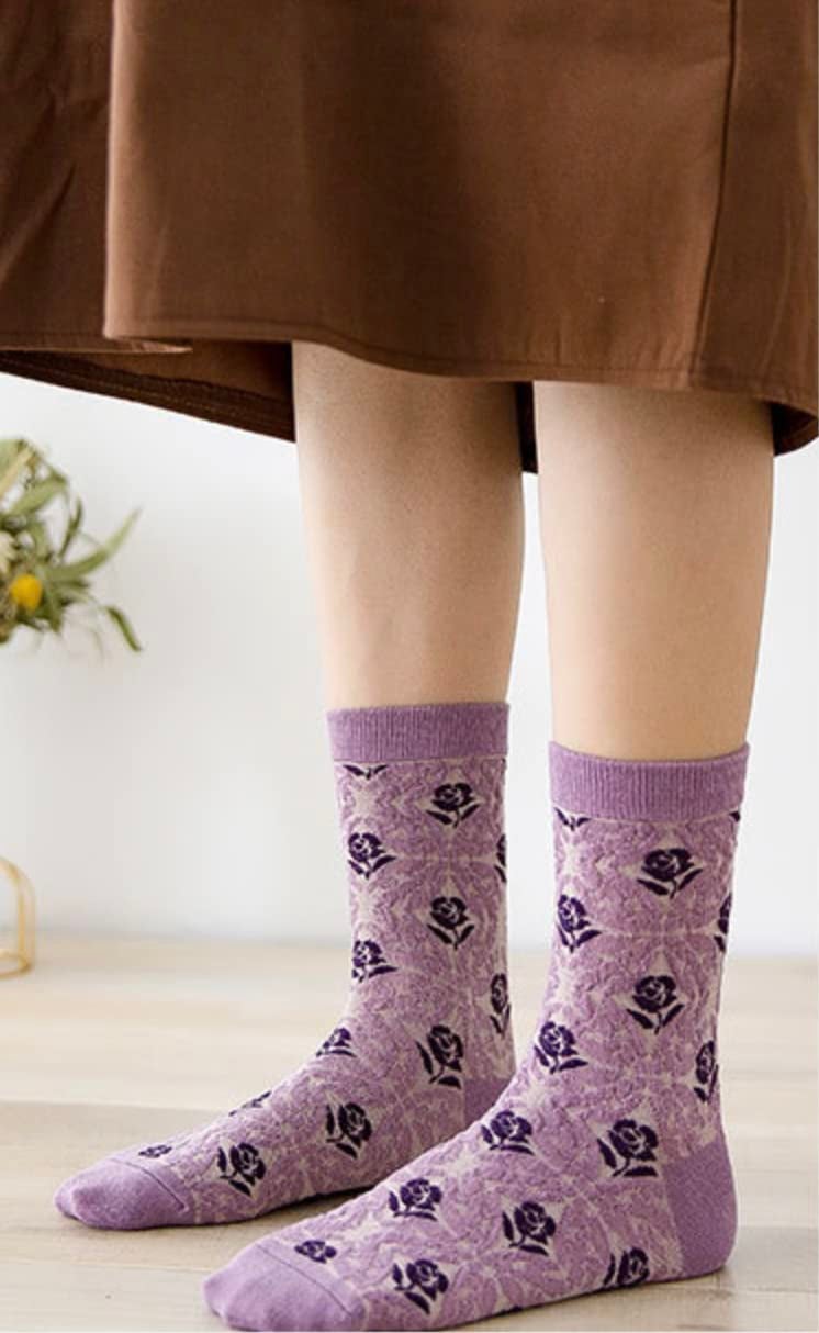 MarJunSep Cute Floral Crew Socks for Women Teen Girls Flower Cottagecore Frilly Vintage Fancy Cotton Socks Purple Flower Socks - Image 3