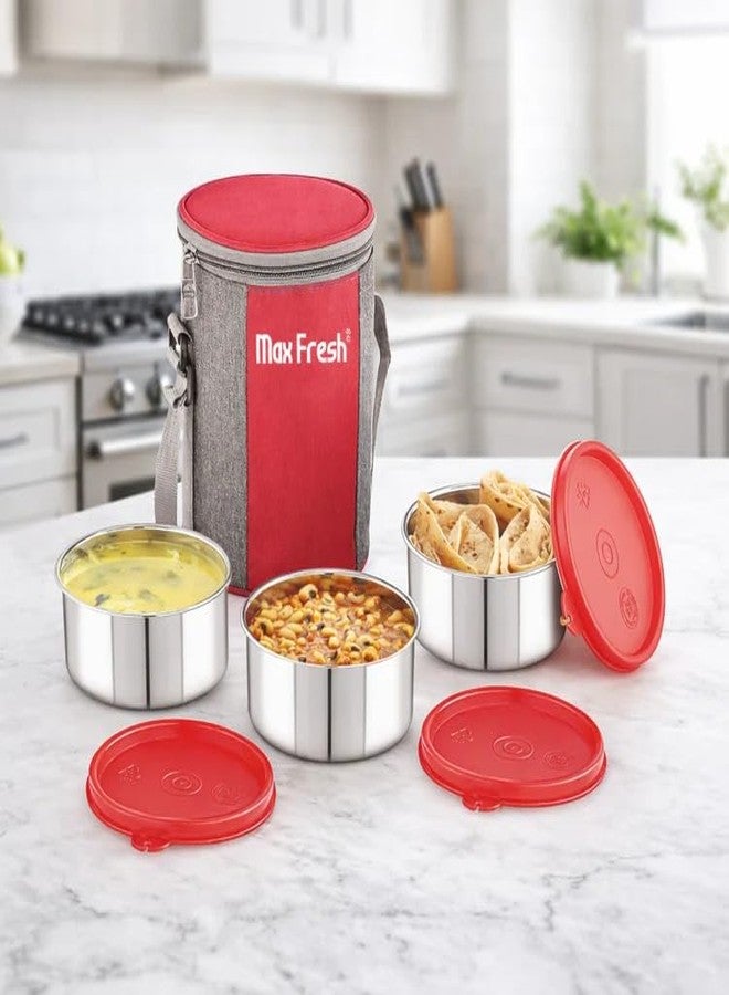 Maxfresh Stainless Steel Tiffano 3Pcs Lunch Box with Pouch Bag for School and Office - Image 1