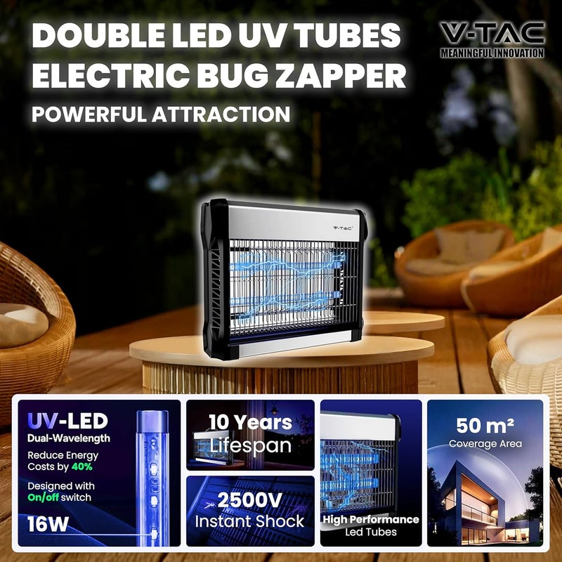 V-TAC Electric Mosquito Lamp 16W with Action Area of 50 m2 - Slim Design - Mosquito Net with UV Blue LED Tube for Indoor and Outdoor Use - Electric Mosquito and Insect Trap - Image 2