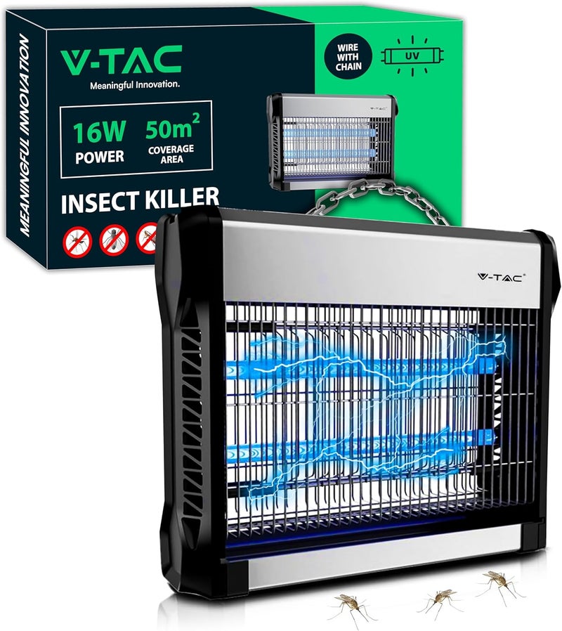 V-TAC Electric Mosquito Lamp 16W with Action Area of 50 m2 - Slim Design - Mosquito Net with UV Blue LED Tube for Indoor and Outdoor Use - Electric Mosquito and Insect Trap - Image 1