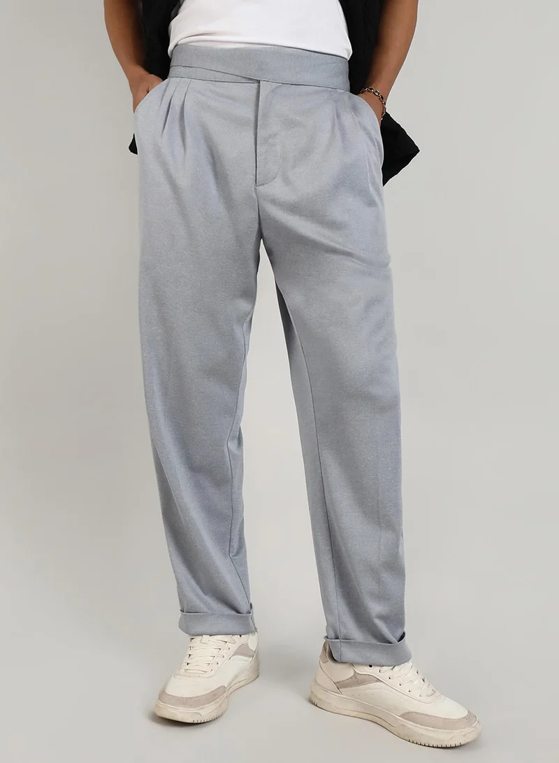 Campus Sutra Men's Moon Grey Tailored Heathered Trousers For Casual Wear | Tailored-Fit | Mid-Rise | Button Closure | Trousers Crafted With Comfort Fit For Everyday Wear