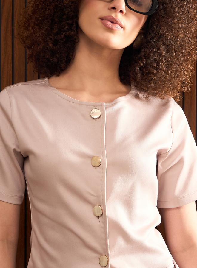 SASSAFRAS Beige Round Neck Button Down Top - Image 4