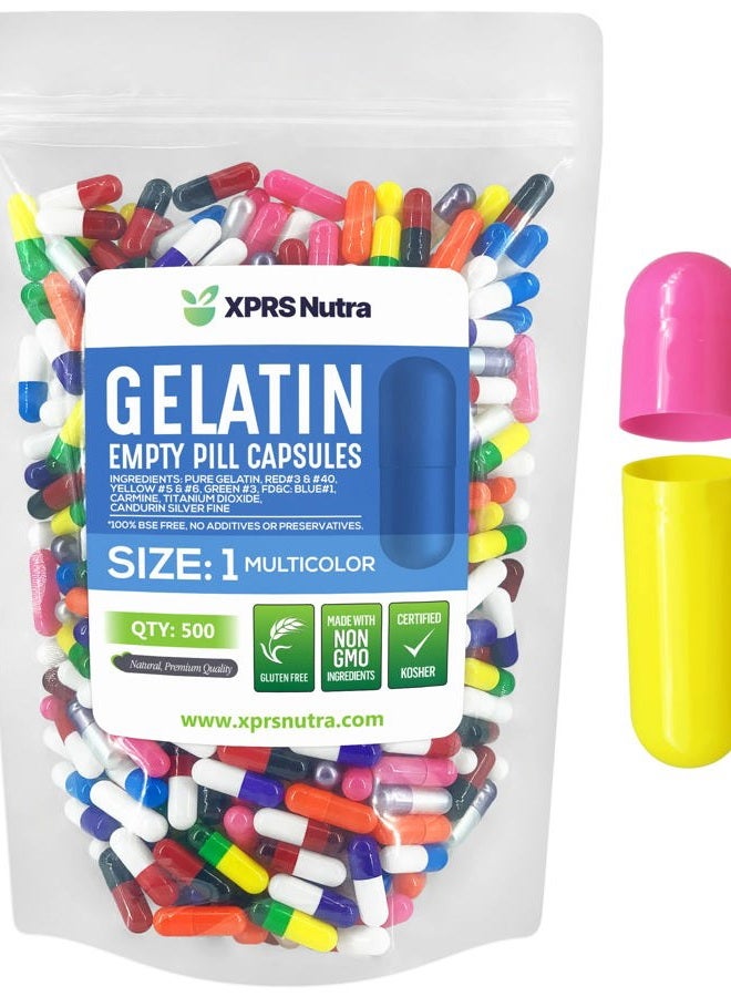 XPRS Nutra Size 1 Empty Capsules - 500 Count Empty Gelatin Capsules - Empty Pill Capsules - DIY Capsule Filling - Pure Bovine Pill Capsules Empty Gel Caps (Multi Color) - Image 1
