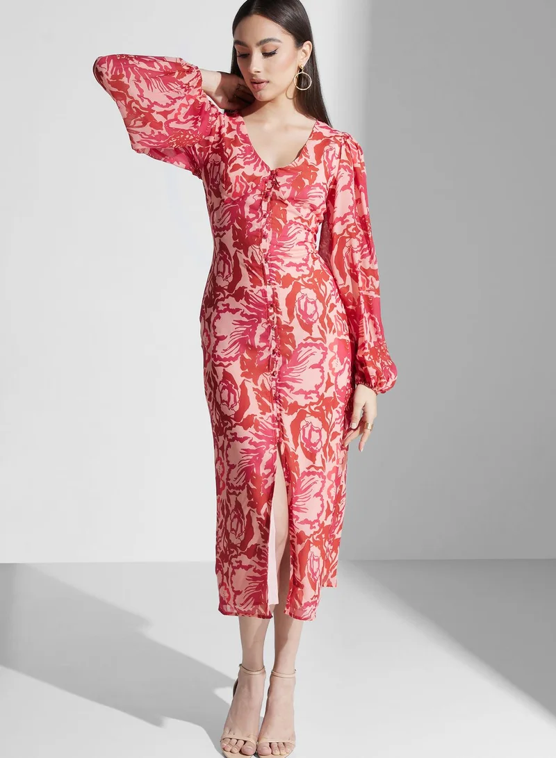 PRETTY LAVISH Floral Printed Balloon Sleeve Dress