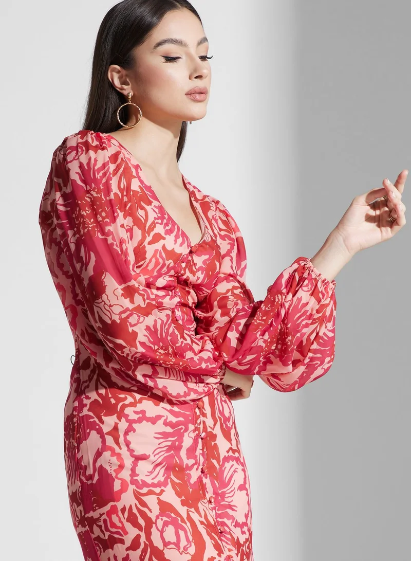 PRETTY LAVISH Floral Printed Balloon Sleeve Dress
