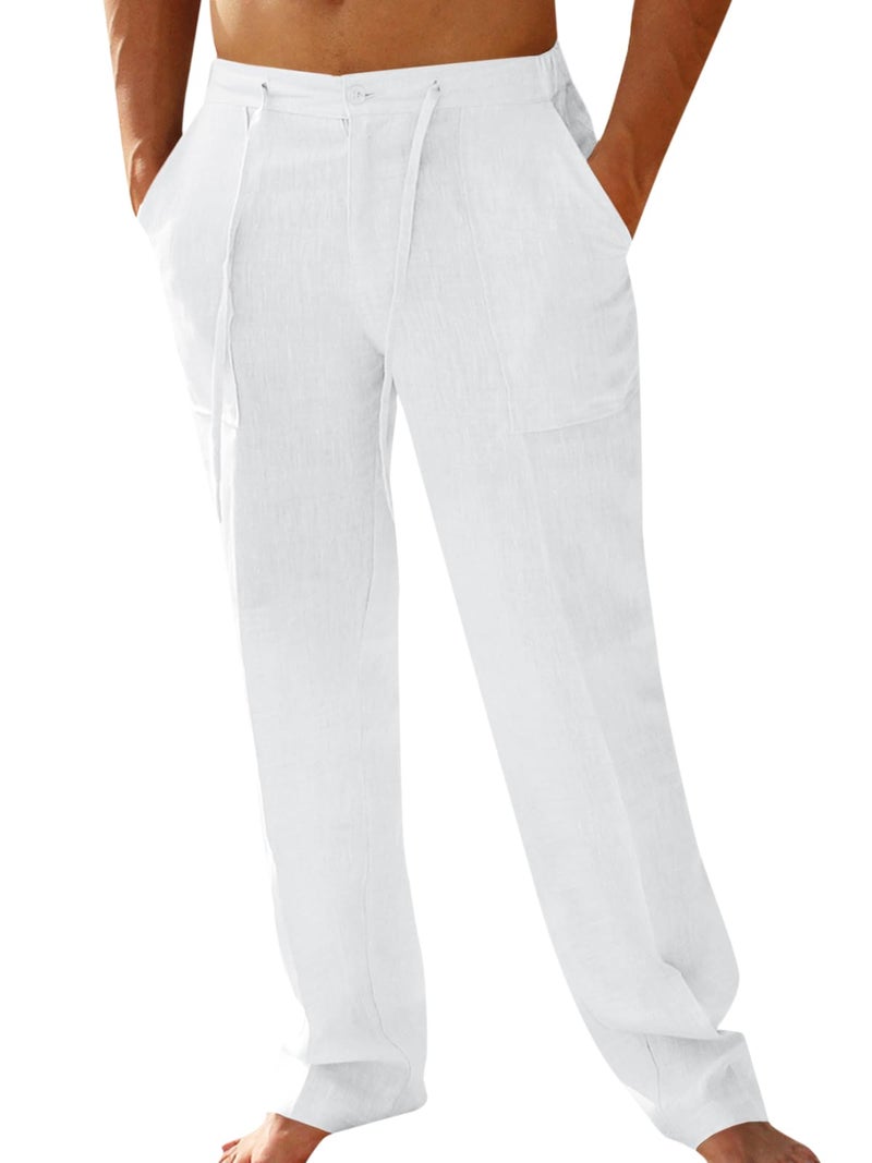PASLTER Mens Casual Linen Pants Loose Fit Straight-Legs Elastic Drawstring Waist Summer Beach Yoga Long Pants A-White - Image 5