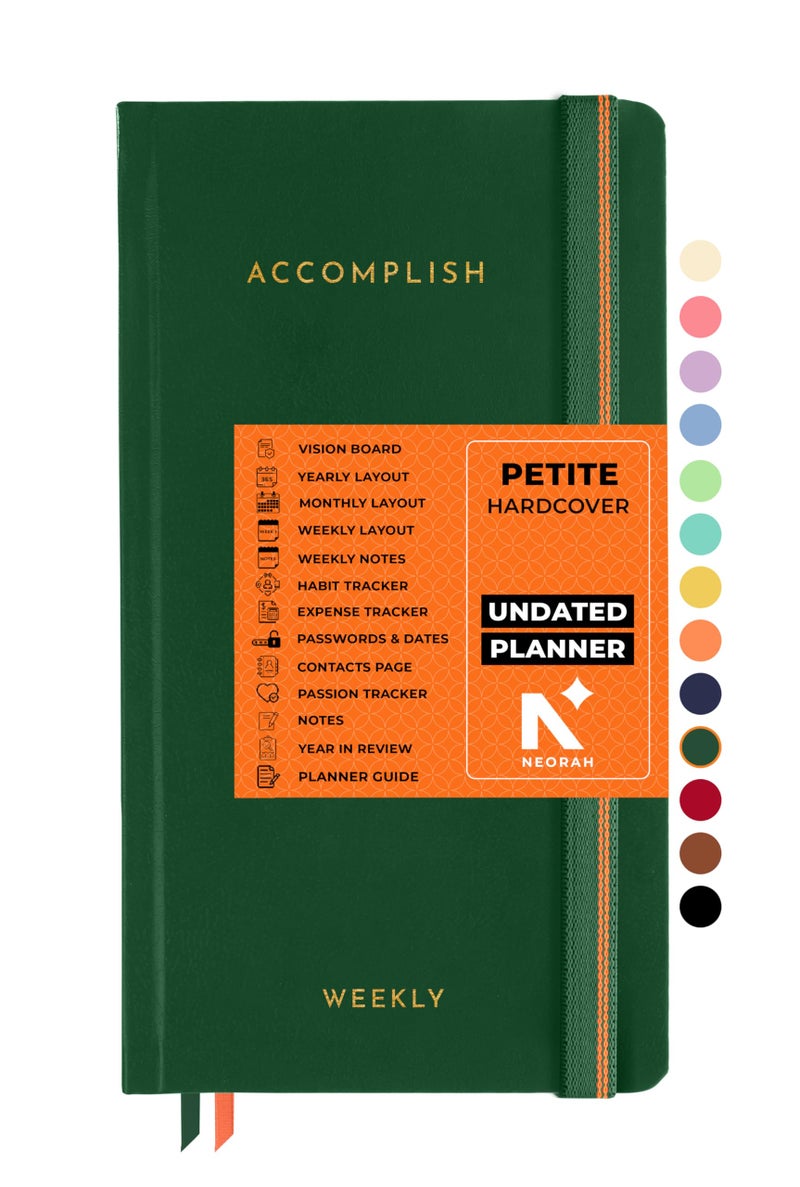 NEORAH—2026 UNDATED ACCOMPLISH Petite Planner|Yearly view|12 Undated Months|54 Weekly Layouts + 54 Notes|12 Habit & Budget trackers|Gratitude|Passion|Password log|Few blank pages|Hardcover(DARK GREEN) - Image 1