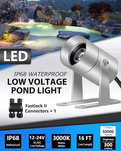 SUNVIE Pond Lights LED Underwater Submersible 12-24V AC/DC Fountain Lights Submersible Outdoor LED 3W Underwater Pond Light for Outdoor Ponds Fountains, IP68 Waterproof Warm White Fountain Ponds Light - Image 2
