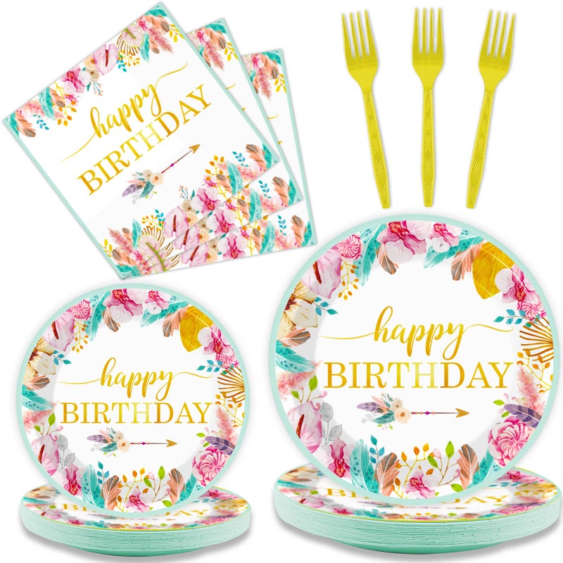 Tevxj 96 Pieces Happy Birthday Party Plates Napkins Boho Decorations Gold Metallic Tableware for Boys and Girls Happy Birthday Dessert Plates Napkins Forks for 24 Guests Party Supplies Favor