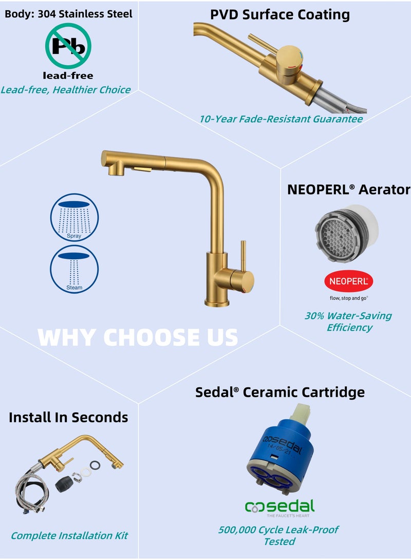 NANAO Kitchen Faucet, 304 Stainless Steel Pull Down Faucet for Kitchen Sink, PVD Gold - Image 3