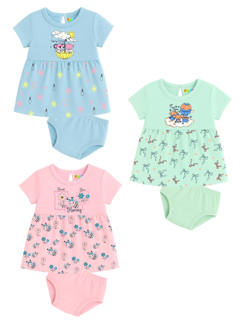 Kuchipoo Baby Girl Knee-Length Cotton Frock and Panty Set (KUC-DRS-110, 6-12 Months, Multi-Colored) - Pack of 3 - Image 1