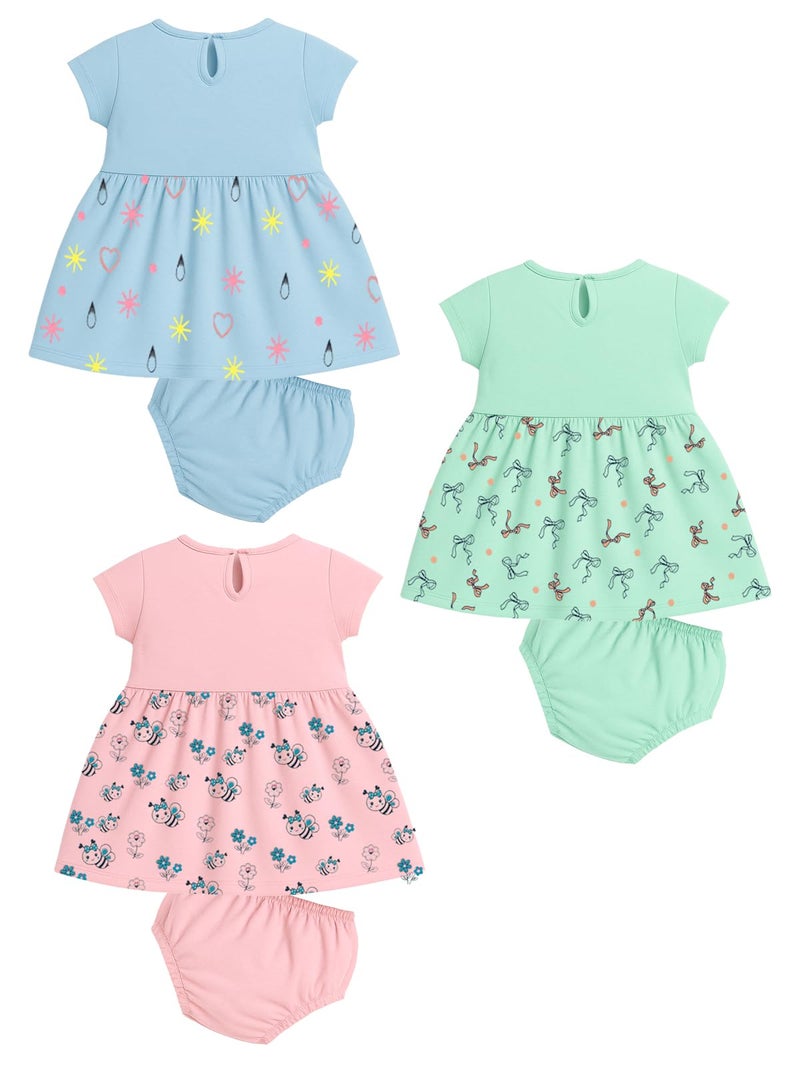 Kuchipoo Baby Girl Knee-Length Cotton Frock and Panty Set (KUC-DRS-110, 6-12 Months, Multi-Colored) - Pack of 3 - Image 2