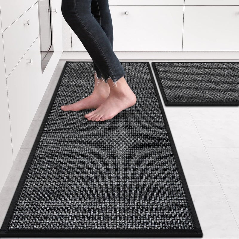 eqivei Kitchen Rugs Non Skid Washable Set of 2 PCS, Absorbent Runner Rugs for Kitchen, Farmhouse Weave Floor Mats in Front of Sink, 17.3"x 47"+17.3"x 29" (Inky) - Image 1