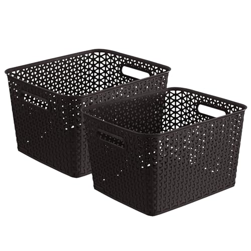Bel Casa Royal Basket Large (Pack of 2) Multipurpose Plastic Storage Rectangular Baskets For Cloths Toys Wardrobe Home Kitchen & Livingroom I DARK BROWN - Image 1