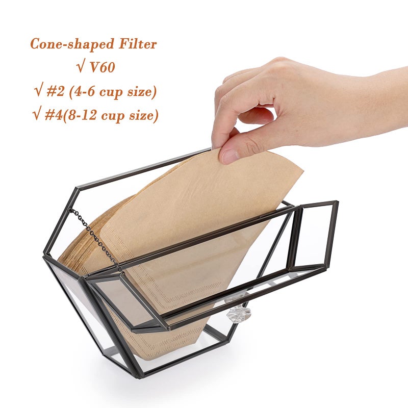 ELLDOO Black Glass Coffee Filter Holder Coffee Paper Storage Container Filter Paper Dispenser Rack with Dustproof Cover - Image 3