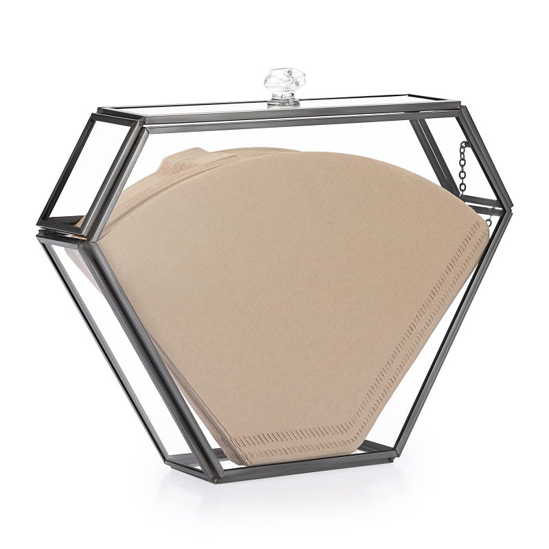 ELLDOO Black Glass Coffee Filter Holder Coffee Paper Storage Container Filter Paper Dispenser Rack with Dustproof Cover - Image 1
