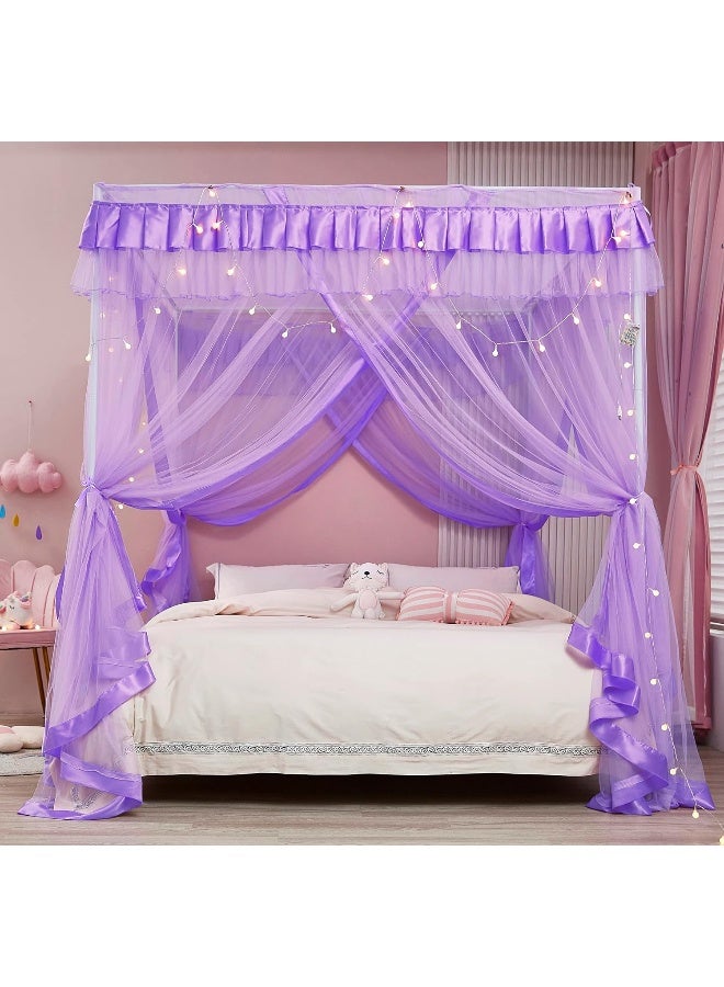 Mengersi Canopy Bed Curtains Queen Size  Bed Canopy Curtains  4 Opening Canopy for Bed Cute Princess Bedroom Decoration Gift Purple Queen - Image 4