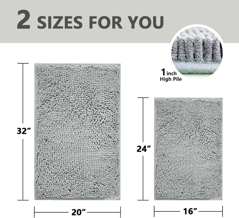 BOANKODU Bathroom Rugs Sets 2 Piece, Extra Soft Chenille Bath Mat Absorbent Bathroom Rug, Bathroom Mat with PVC Non-Slip Bottom, Machine Washable Bath Rugs (32x20 Inch + 24x16 Inch, Light Grey) - Image 3