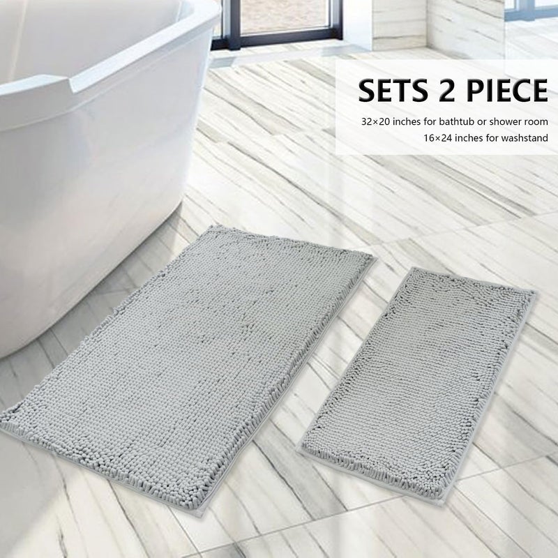 BOANKODU Bathroom Rugs Sets 2 Piece, Extra Soft Chenille Bath Mat Absorbent Bathroom Rug, Bathroom Mat with PVC Non-Slip Bottom, Machine Washable Bath Rugs (32x20 Inch + 24x16 Inch, Light Grey) - Image 2